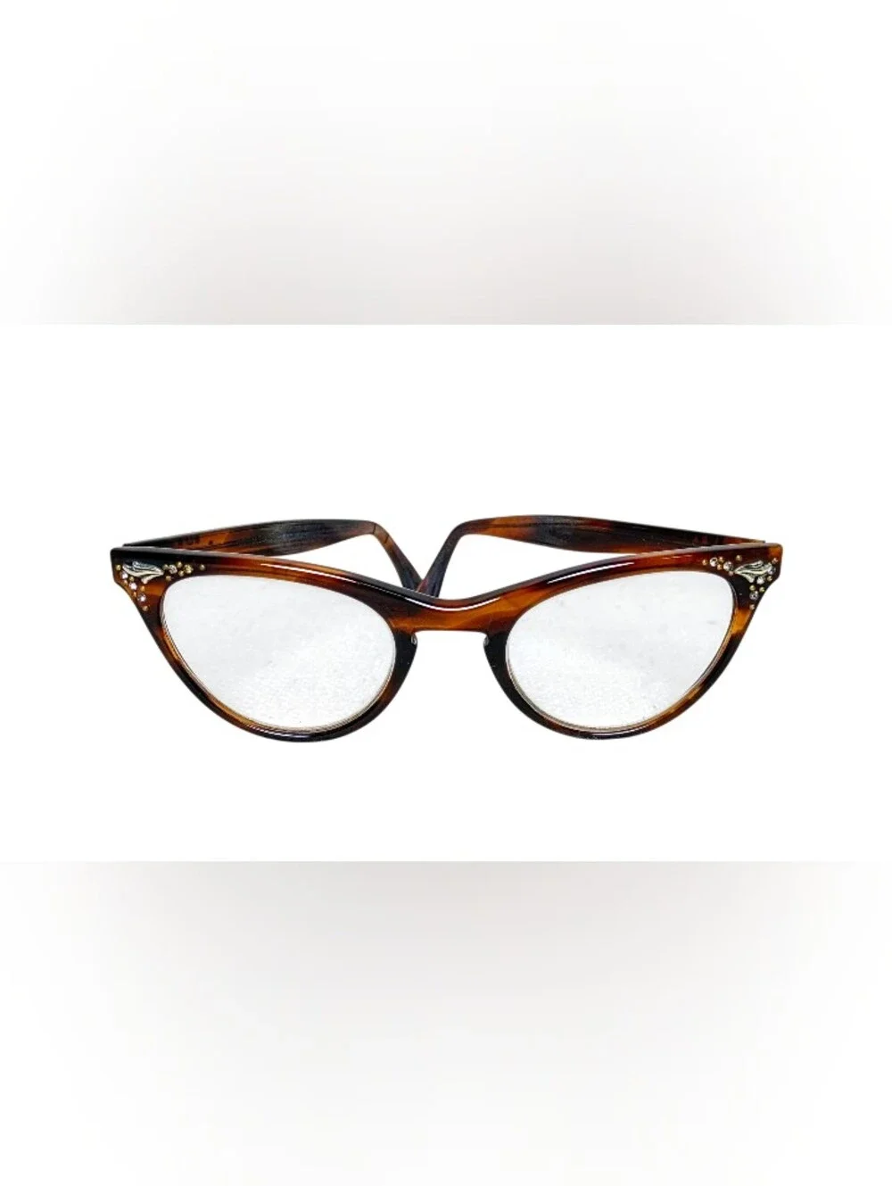 Vintage Eyeglasses Cat Eye Mid-Century Frames Brown Tortoise Shell Rhinestones